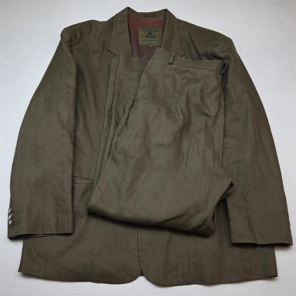 Vtg Y2K 2000s Structure Boxy 46R 36x30 Tan Brown 100% Linen Jacket Pants Suit